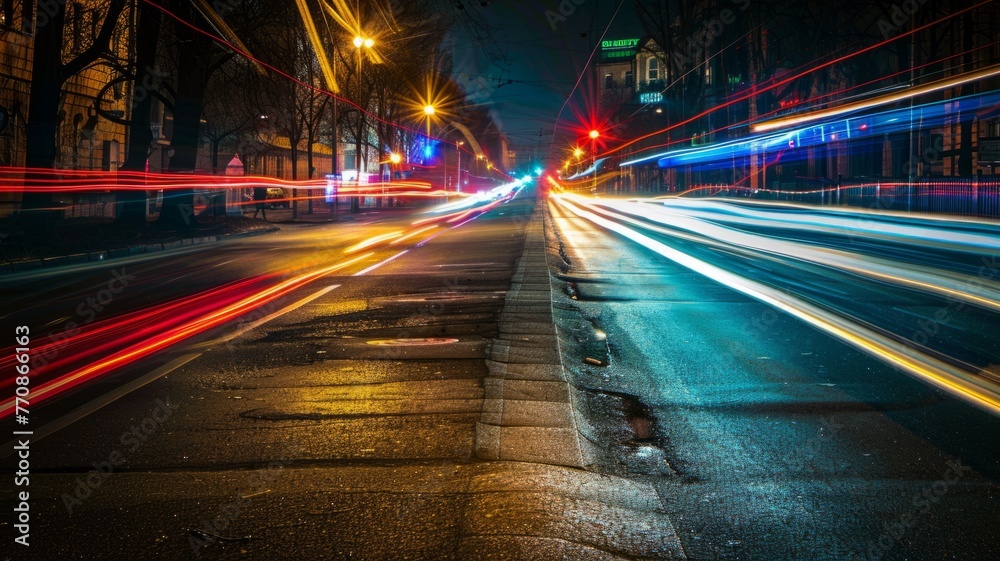 Illuminated city street by traffic light trails - The image spectacularly showcases the energy of the city at night with colorful light trails left by moving vehicles