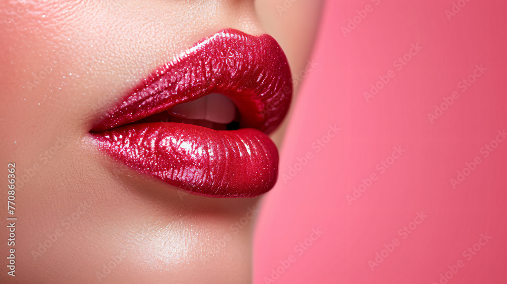 Close-up view of womans red glossy lips against a pink background. Close-up view of womans red glossy lips against a pink background.