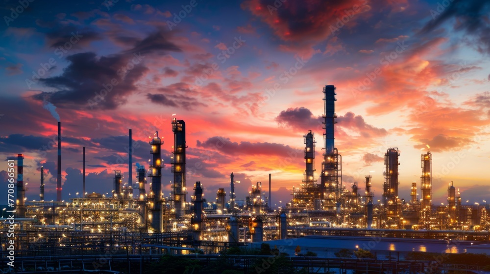 Skyscraping chimneys of oil refinery at dusk - Stunning image of oil refinery operations with towering chimneys lit up against the dusk sky