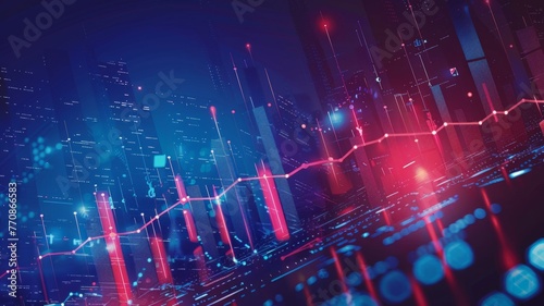 Stock market charts on city background - Advanced digital representation of stock market data with cityscape background signifying economic activity