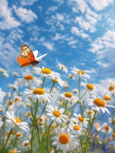 Beautiful field meadow flowers chamomile and butterfly against blue sky with clouds, nature spring summer landscape, close-up macro © gilles