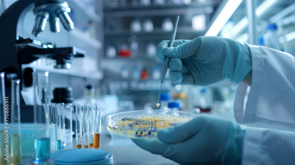 Scientist Examining Bacterial Colonies in Petri Dish Scientist Examining Bacterial Colonies in Petri Dish