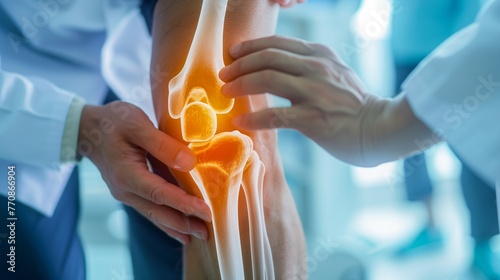 Orthopedic surgeon doctor examining patient's knee joint x-ray films, MRI bone, CT scan in at radiology orthopedic unit, hospital background. knee joint film x ray? MRI,  magnetic resonance imaging