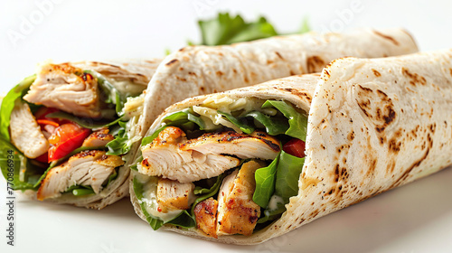 Grilled chicken wrap with lettuce and vegetables on a neutral background. Close-up side view of fast food. Design for menu, takeaway service, food blog.