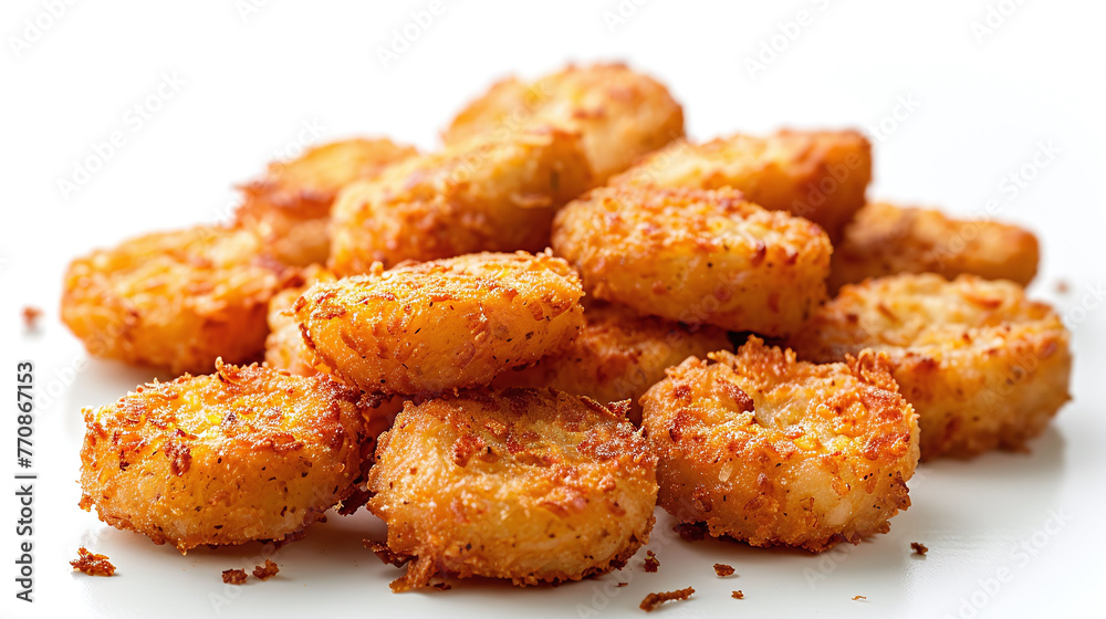 Fried hash browns on a white background. Close-up shot for fast food menu and food advertising.