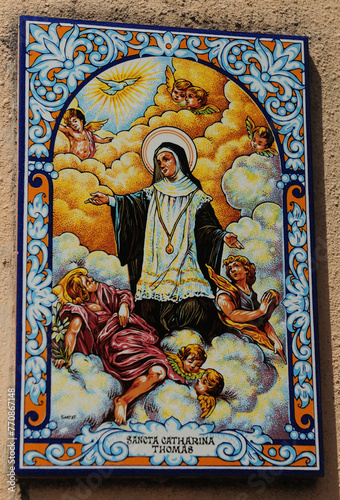 Religious Wall Tile With Painting Of Sancta Catharina Thomas In Valldemossa Mallorca photo