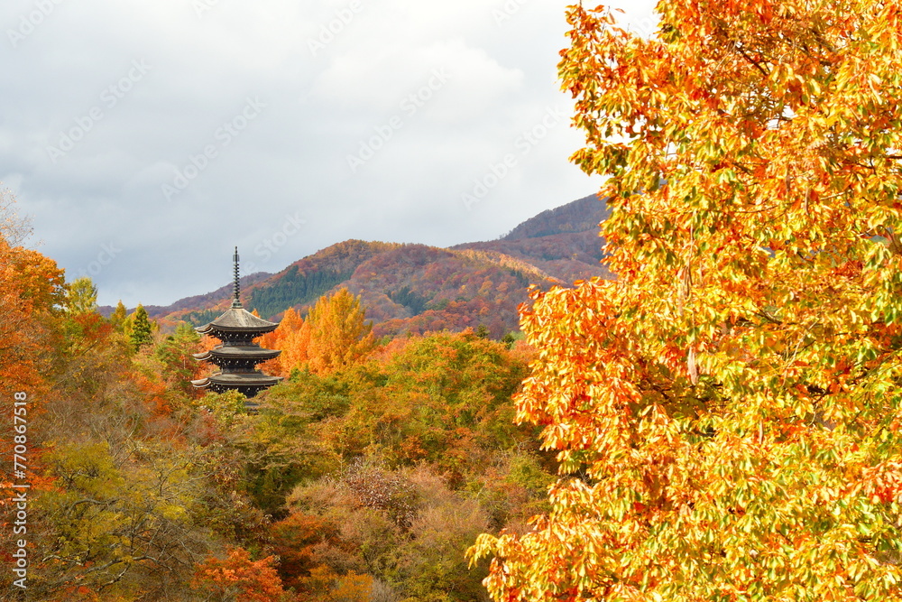 Obraz premium 紅葉と定義山西方寺五重塔(宮城県)