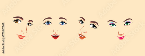 Cartoon, anime faces at various angles. Positive smiling women. Types of temper, expressions