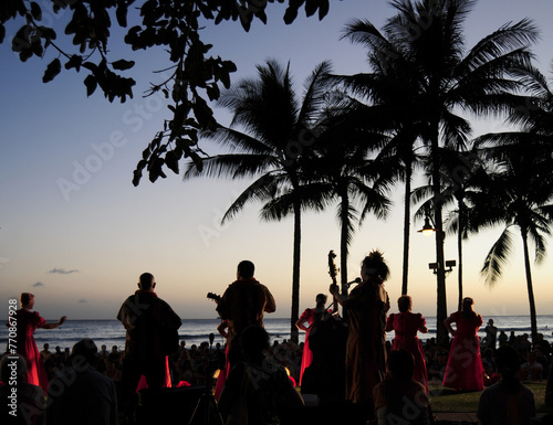 Waikiki Night Music, Hawaii. entertainment, sunset, Hawaiian, live music, tradition, songs, hula, tourism, guitars, crowds, silhouettes, bands, fun, retirement, dance, palm trees,  photo