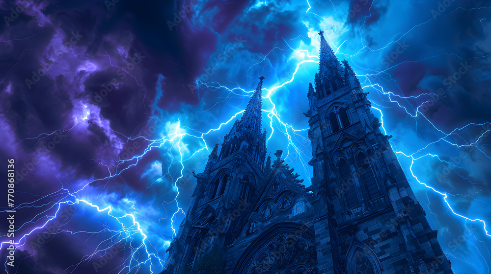 Electrical Storm in Blue Neon Over Church Spire - obrazy, fototapety, plakaty 