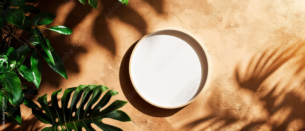 Pastel mockup with round empty frame on decorative textured stucco background. Tropical palm leaf, sunlight and shadows effect. Generative ai Pastel mockup with round empty frame on decorative textured stucco background. Tropical palm leaf, sunlight and shadows effect. Generative ai