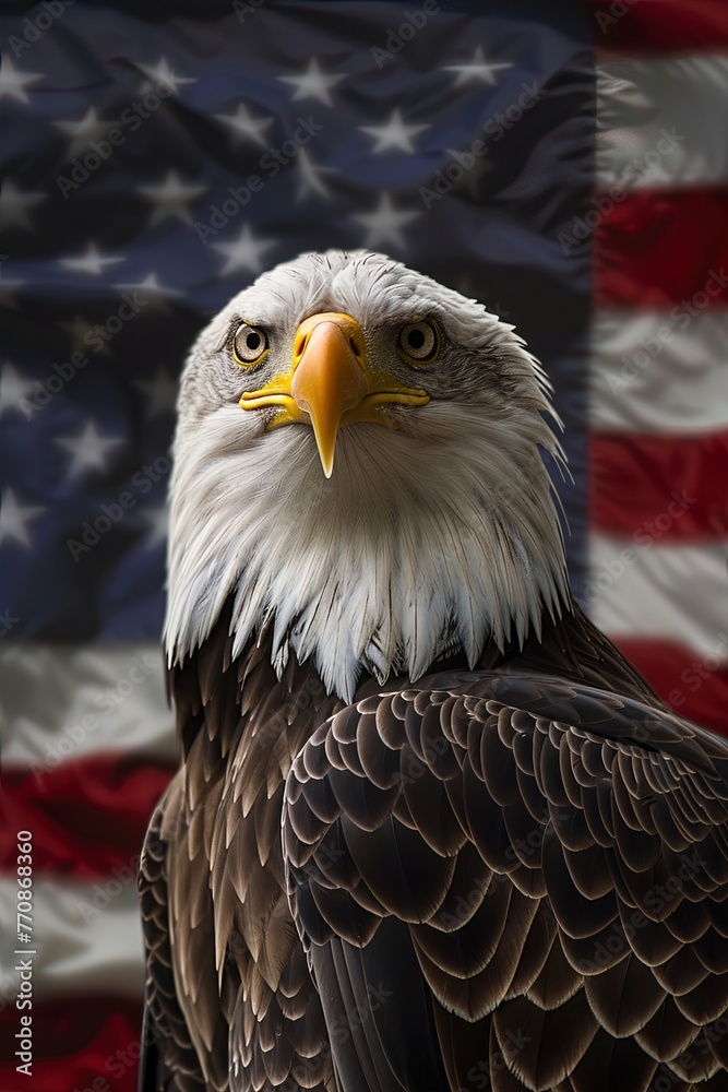 Obraz premium North American Bald Eagle with an American flag on the background. Symbol of American pride: a majestic bald eagle with the American flag.