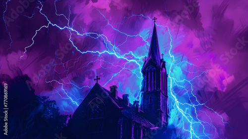 Electrical Storm in Blue Neon Over Church Spire photo