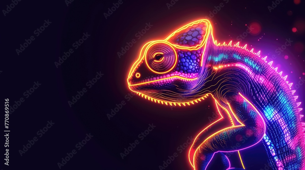 Neon-lit chameleon side profile with a vivid and colorful aura on a dark background. Neon-lit chameleon side profile with a vivid and colorful aura on a dark background.