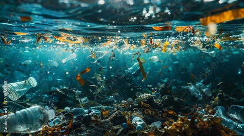 Plastic debris littering the sea, as well as fish swimming nearby