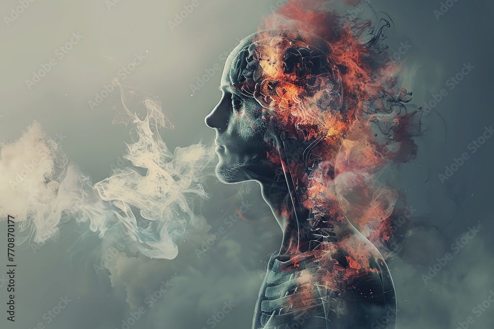 Conceptual image of smoke entering the human body. The harmful effects of nicatine on all internal organs. Campaign to stop smoking or living in a polluted area. Health and life concept. Copy space - obrazy, fototapety, plakaty 