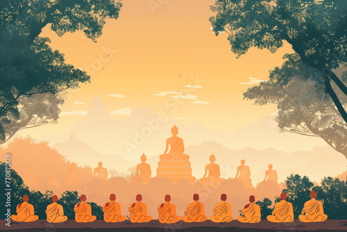 moines bouddhistes méditant devant une grande statue de Bouddha, dessin vert et orange, pour Magha Puja en ThaÏlande, hommage à Bouddha.  photo