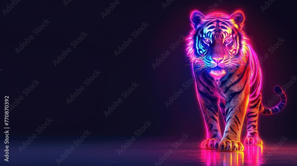 Majestic neon tiger standing with an intense gaze. - obrazy, fototapety, plakaty 
