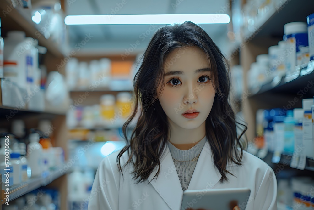 An asian female pharmacist holding a clipboard in front of a shelf of medication. An asian female pharmacist holding a clipboard in front of a shelf of medication.
