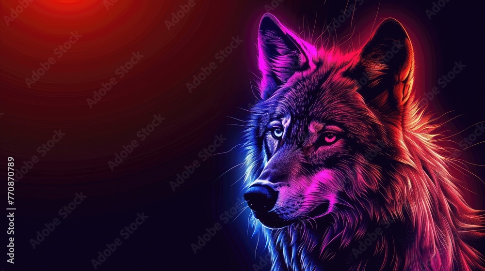 A neon depiction of a wolf's face with radiant blue and pink hues on a dark, red-gradient background. A neon depiction of a wolf's face with radiant blue and pink hues on a dark, red-gradient background.