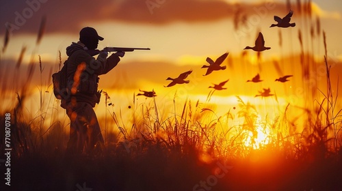 Black silhouette of hunter with rifle gun shoots at flying mallard ducks, morning sunrise sky