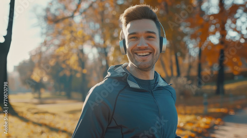 A handsome, smiling man aged  engaging in sports, jogging with delicate headphones in his ears, with a blurred view of the park in the background © Mikołaj Rychter