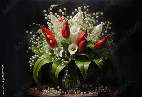 nature morte, peinture d'un bouquet de fleurs rouge Arums rouges et blanches, et petites fleurs clochettes Muguet pour la fête du travail le 1er Mai, Labor day