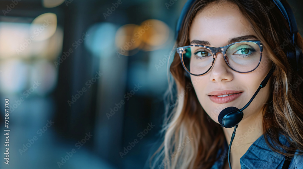 Smiling white young call center employee working during daytime at office desk. Smiling white young call center employee working during daytime at office desk.