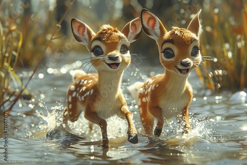 Gazelles as fitness trainers, leading dynamic workouts in the savannah in a 3D cartoon illustration.
