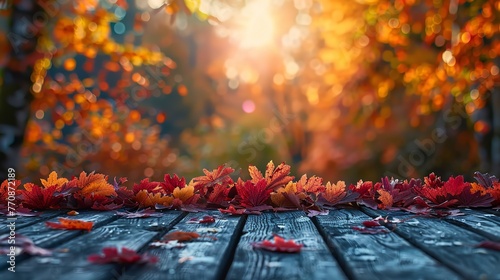 Autumnal backdrop including a wooden table and vibrant fall foliage. Generative Ai photo