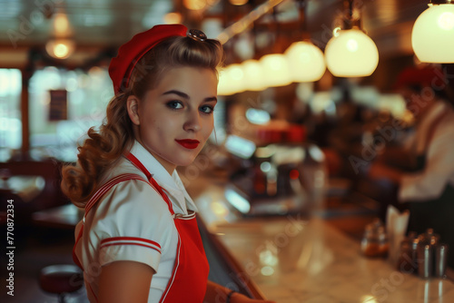 Waitress in diner, retro, lifestyle, smiling, beauty, indoors