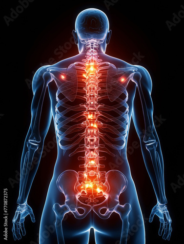 Human spinal anatomy shown in a radiant X-ray, useful for medical education and understanding spine-related health issues. pain, back pain, healthcare radiology radiance, health issues, physiology