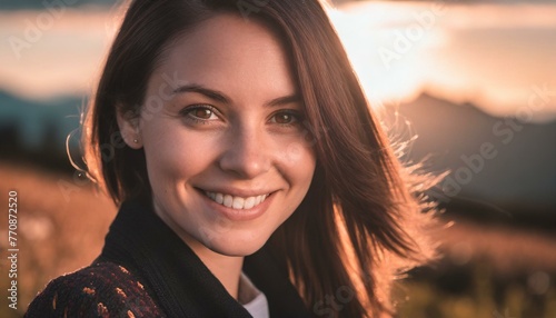portrait of a woman smiling happily in front of sunset 