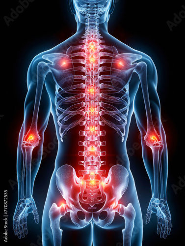 Spine and Joint Pain Visualization in Human Anatomy, anatomical joints, illuminated areas signifying inflammation discomfort, medical education Back radiating backache physiology sciatica chiropractic