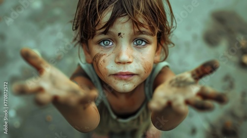 dirty child, with outstretched hands asking for food generative ai photo