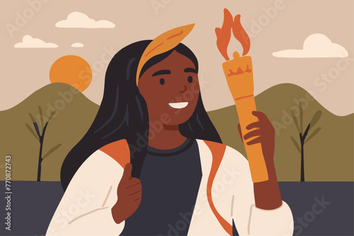 Hispanic athlete carrying the olympic torch on the olympic games opening ceremony as symbol of the sport spirit