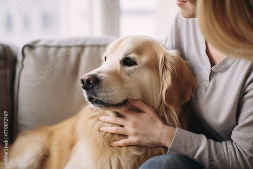 Close up of a woman petting a golden retriever dog on a couch at home © Kevin Johansson