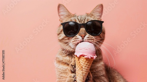 Closeup of cat with sunglasses, eating ice cream in cone, isolated on apricote background photo