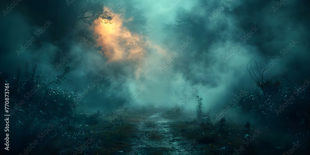 A dark eerie fog covers the ground creating a spooky atmosphere in a mysterious setting. Concept Mysterious Setting, Eerie Fog, Spooky Atmosphere, Dark Aesthetics, Enigmatic Landscape