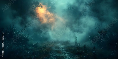 A dark eerie fog covers the ground creating a spooky atmosphere in a mysterious setting. Concept Mysterious Setting, Eerie Fog, Spooky Atmosphere, Dark Aesthetics, Enigmatic Landscape