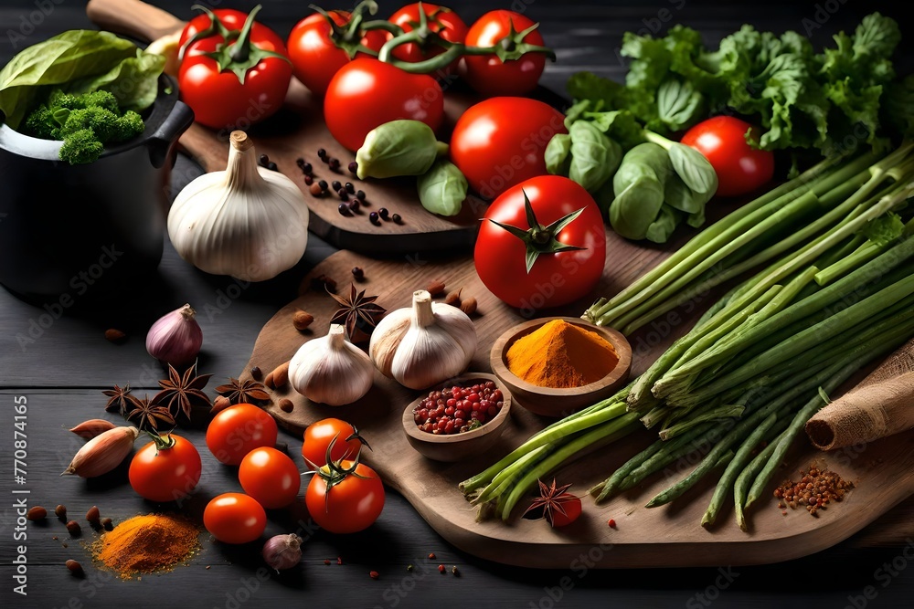 Vegetables and spices ingredient for cooking italian food on black wooden old board in rustic style,