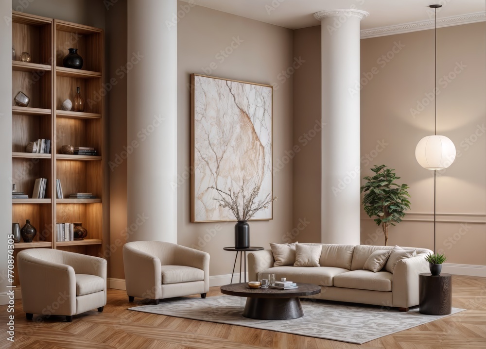 Fototapeta premium Modern villa living room design interior, beige furniture, bright walls, hardwood flooring, sofa, armchair with lamp. Concept of relax