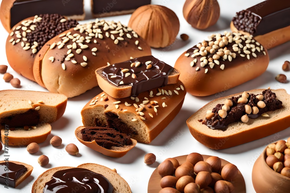 Set of fresh bread with chocolate paste and hazelnuts on a white background