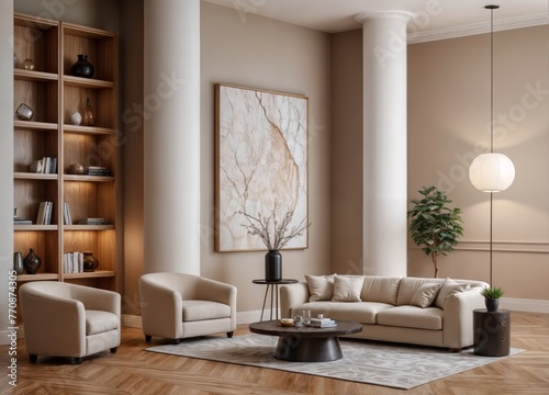 Modern villa living room design interior  beige furniture  bright walls  hardwood flooring  sofa  armchair with lamp. Concept of relax