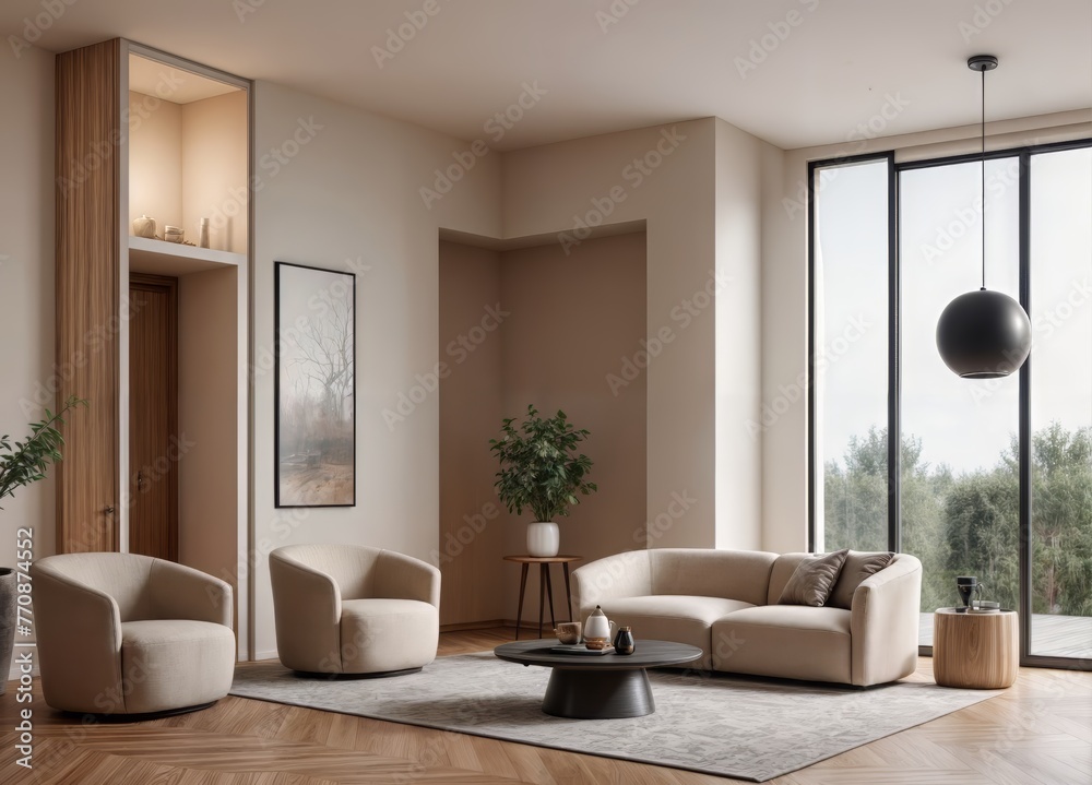 Modern villa living room design interior, beige furniture, bright walls, hardwood flooring, sofa, armchair with lamp. Concept of relax Modern villa living room design interior, beige furniture, bright walls, hardwood flooring, sofa, armchair with lamp. Concept of relax