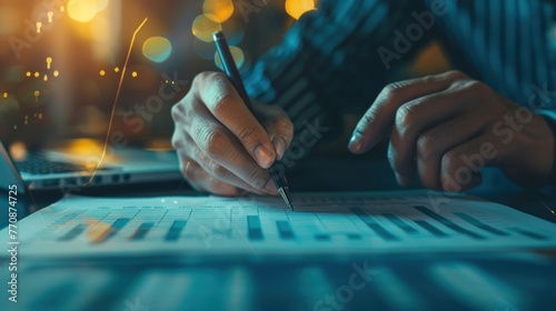 analysis working with the latest financial results. Analysis of sales forecast graphs, financial accounting with hand writing Abstract digital effect for background