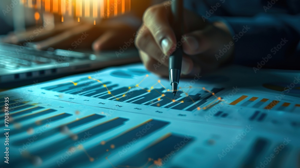 analysis working with the latest financial results. Analysis of sales forecast graphs, financial accounting with hand writing Abstract digital effect for background analysis working with the latest financial results. Analysis of sales forecast graphs, financial accounting with hand writing Abstract digital effect for background