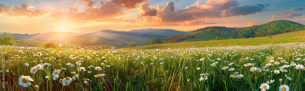 Obraz premium Beautiful spring and summer natural panoramic pastoral landscape with blooming field of daisies in the grass in the hilly countryside