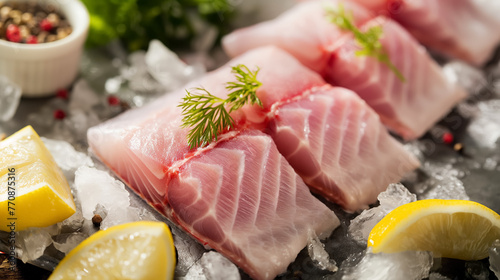 Fresh, raw fish fillets delicately placed on a bed of crushed ice with lemon and dill, ready for cooking.