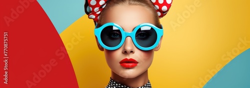 A retro-inspired woman portrait with a bold color scheme for a funky fashion accessory banner 